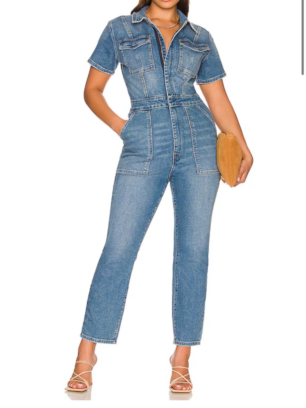 Good American Blue Denim Jumpsuit Jeans - Short Sleeve Utility Style